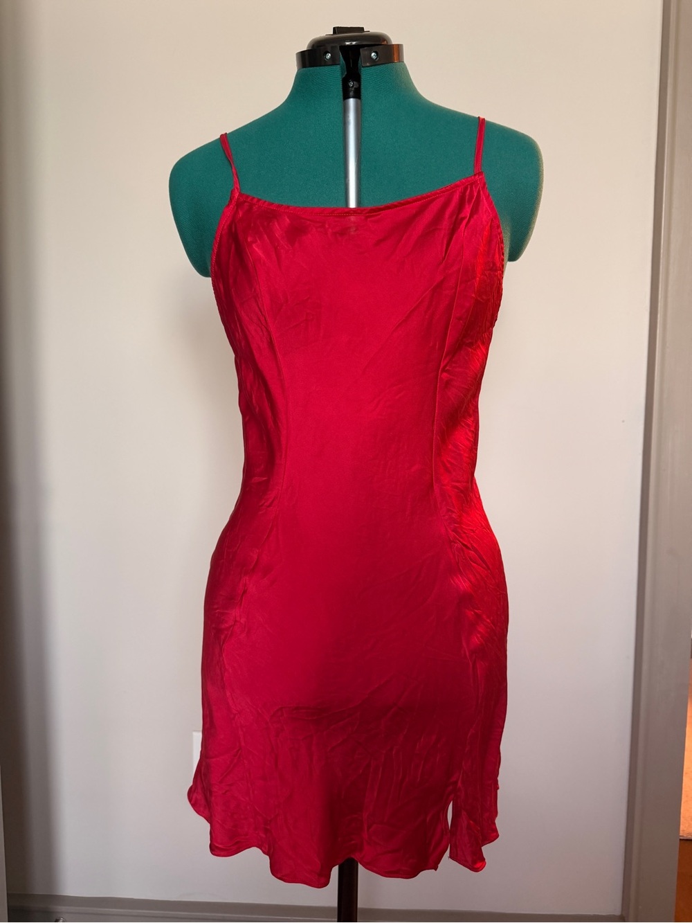 Free People Silk Red Satin Slip Chemise with Spaghetti Straps
